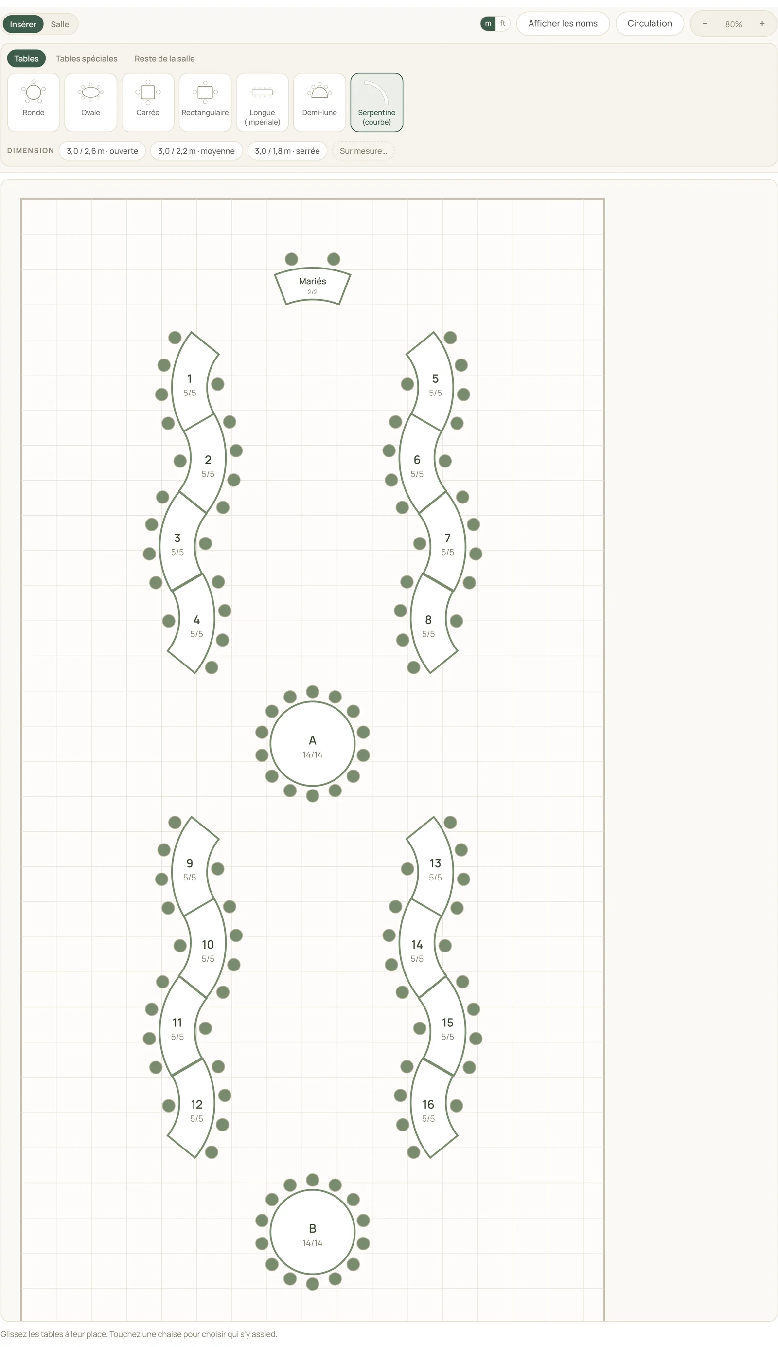 Le plan de table de Vowly ouvert : barre des formes de table, dimensions de la serpentine, et le plan de salle avec les 19 tables et les 110 invités placés.