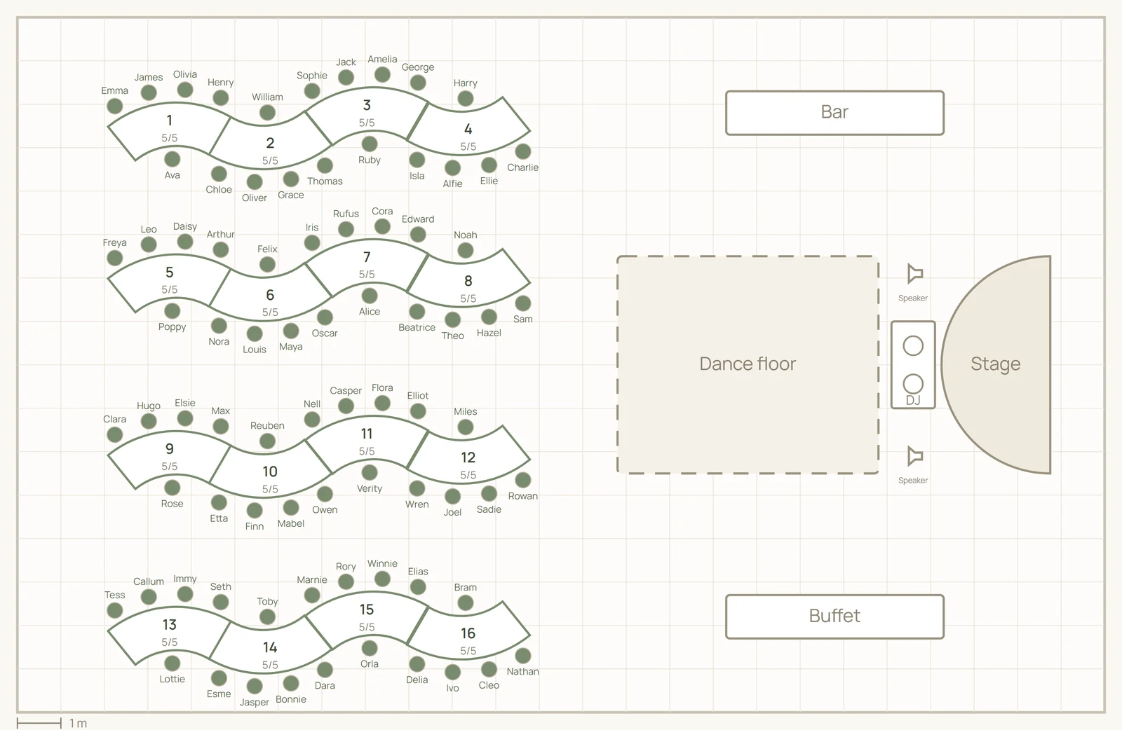 A wedding floor plan in Vowly with four runs of serpentine tables, 80 seats filled, dance floor, stage, bar and buffet.