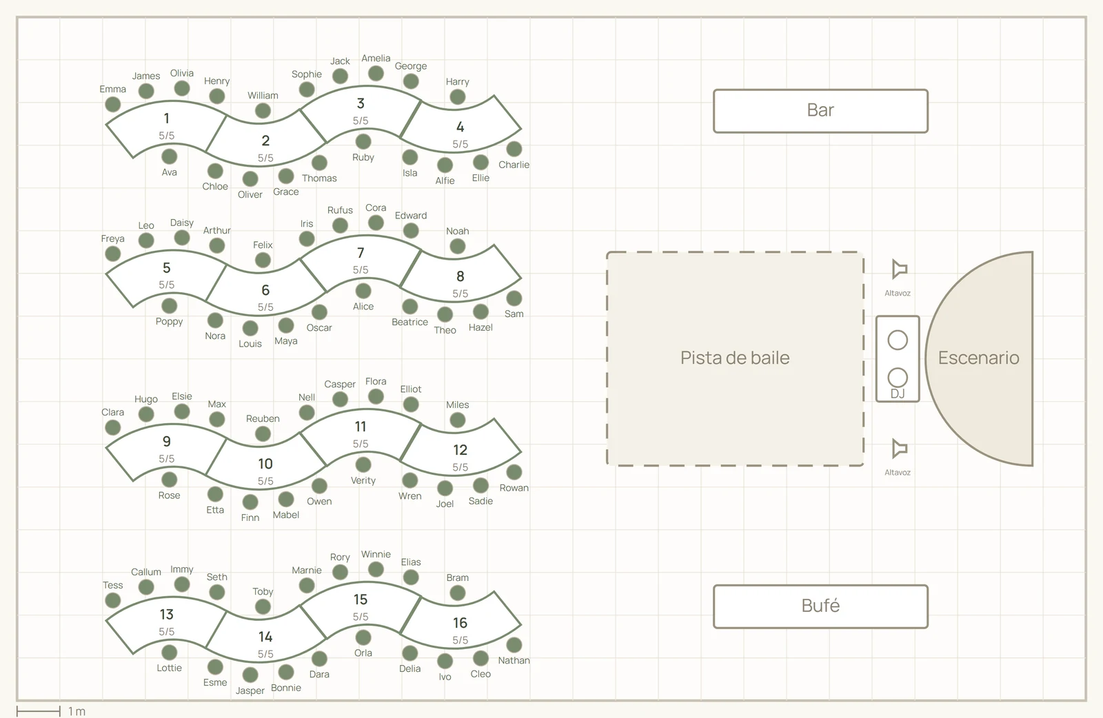 Plano de un salón de boda en Vowly, con cuatro filas de mesas serpentina, 80 plazas ocupadas, pista de baile, escenario, bar y bufé.