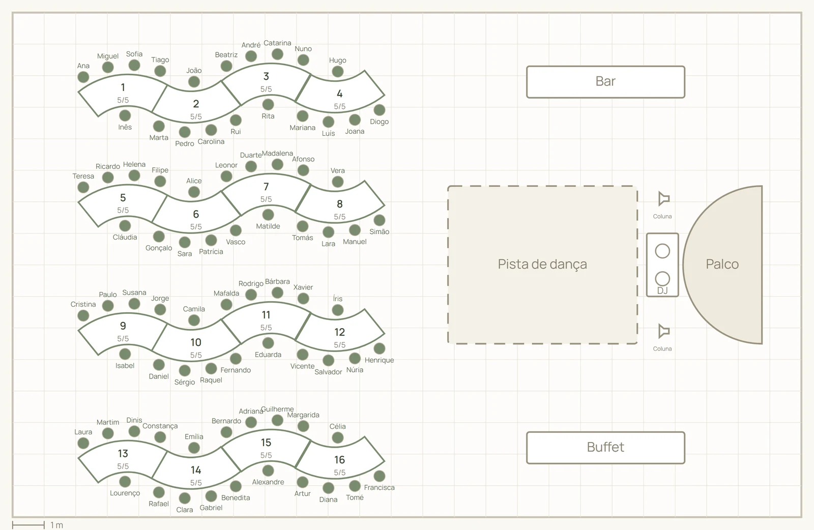 Mapa de mesas de um casamento no Vowly, com quatro fileiras de mesas serpentina, 80 lugares ocupados, pista de dança, palco, bar e buffet.