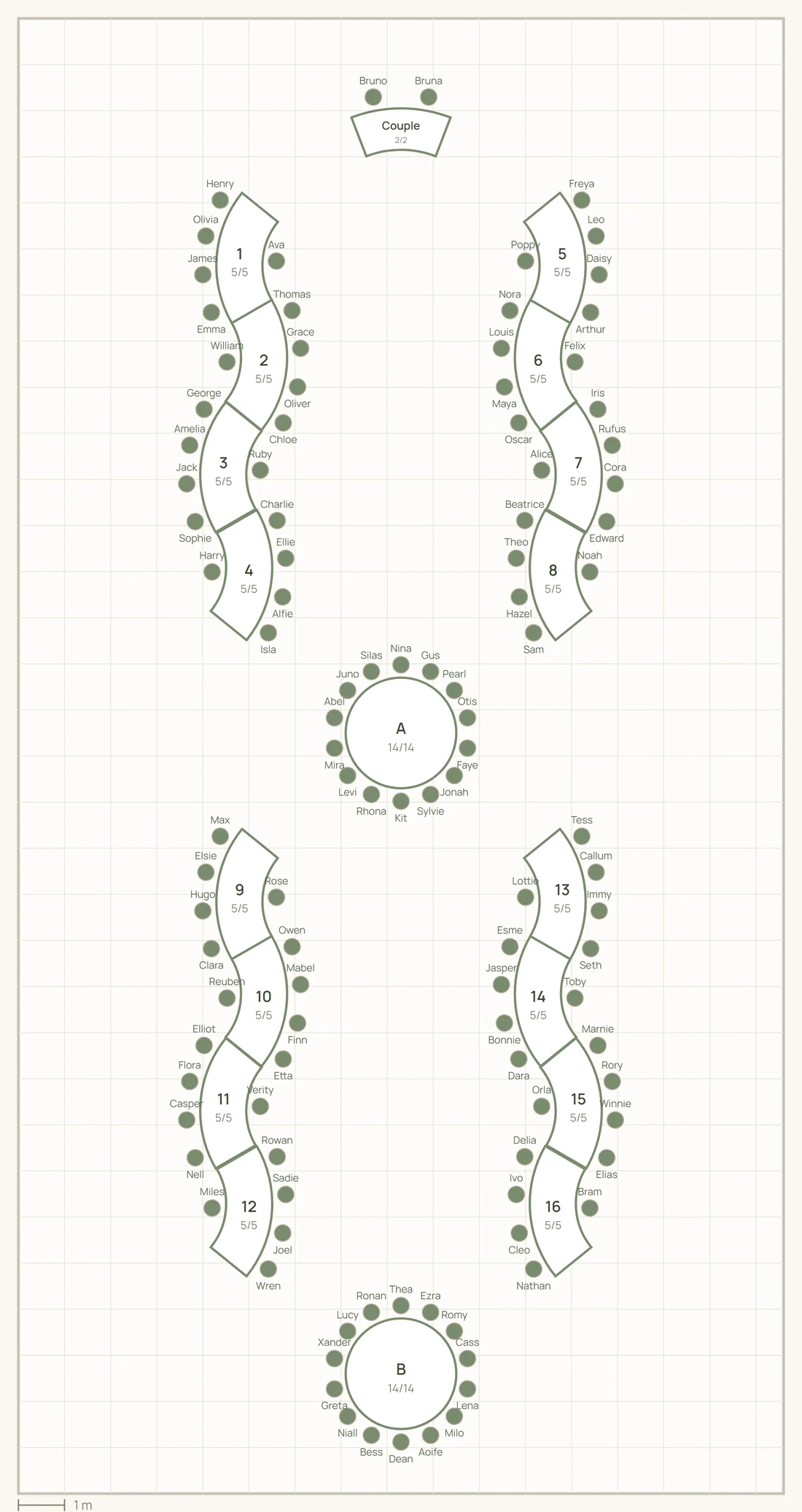 A wedding floor plan in Vowly: an S-shaped head table, four runs of serpentine tables in two mirrored columns and two round tables on the centre line, with 110 seats filled.