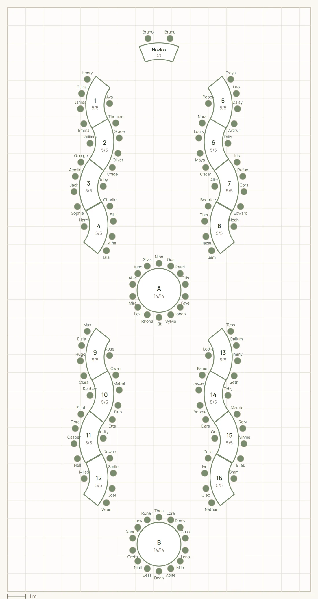 Plano de boda en Vowly: mesa de los novios en S, cuatro filas de mesas serpentina en dos columnas reflejadas y dos mesas redondas en el eje central, con 110 plazas ocupadas.