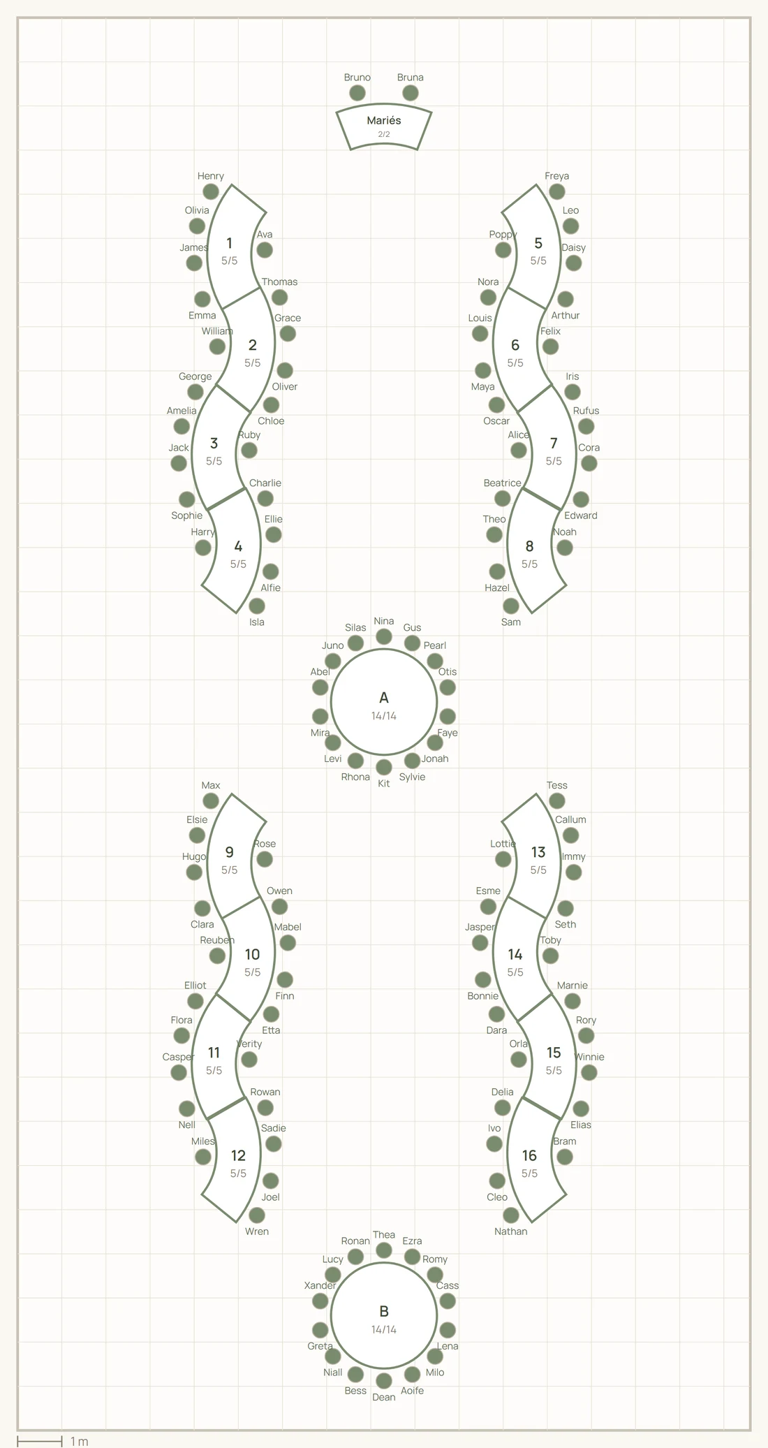 Plan de mariage dans Vowly : table des mariés en S, quatre lignes de tables serpentine en deux colonnes en miroir et deux tables rondes sur l'axe central, 110 places occupées.